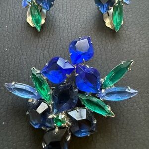 VTG Set Silver Tone Green Blue Rhinestone Crystal  Signed Supposly Juliana